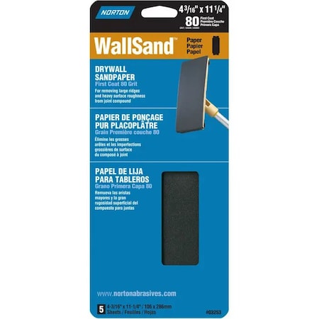 Norton Co 4-3/16" x 11" WallSand Die-Cut Drywall Sanding Sheets 80D-Grit, PK 5 01887